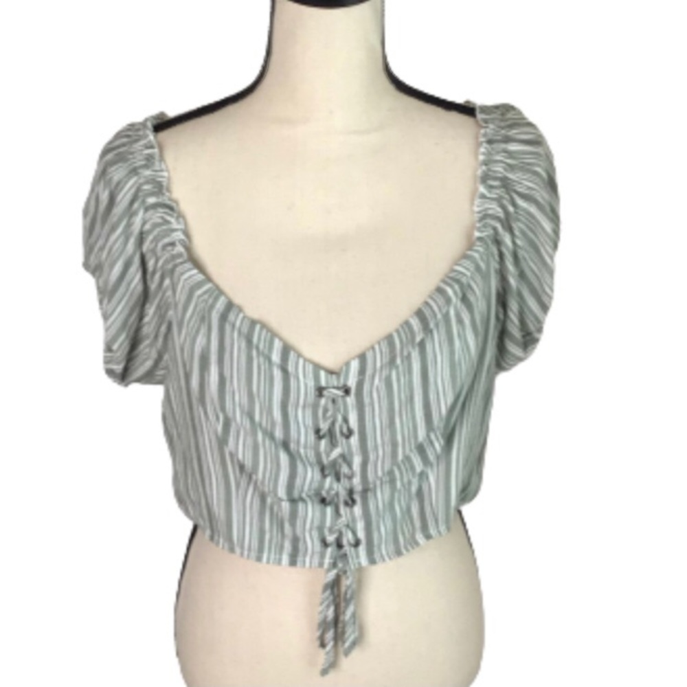 Aeropostale Green & White Crop Smocked Lace Up Milk Maid Top XL